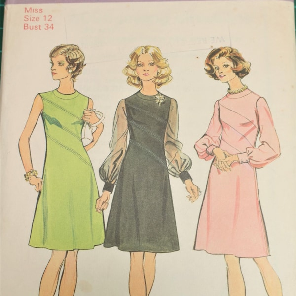 1970s Sewing Pattern Simplicity 6096 FACTORY FOLDED 1970s Dress Pattern with Diagonal Panels and Bishop Sleeves Size 12 Bust 34" 87cm