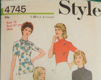 Vintage 1970s Sewing Pattern Style 4745 Ladies' Blouses High Neck Long and Short Sleeves Size 12 87cm 34" Bust