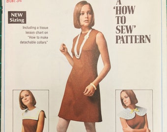 Vintage 1960s Sewing Pattern Dress with Detachable Collars Simplicity 8060 Size 12 Bust 34" Factory Folded