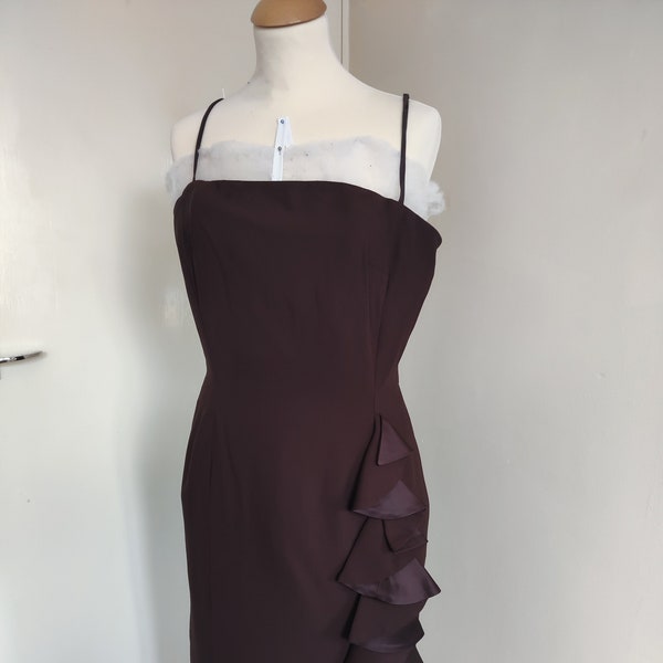 Vintage 1950s Chocolate Brown Cocktail Dress from The Linzi Line Bust 38" Waist 30" Wiggle Dress with Pencil Skirt and Ruffle Detail