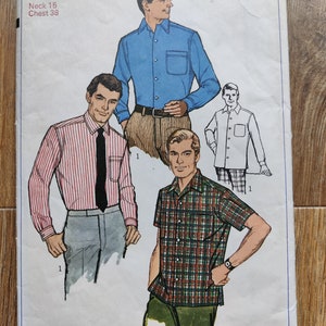 Vintage 1960s Men's Sewing Pattern Simplicity 7745 Men's Shirts with Long or Short Sleeves, Yoke and Patch Pocket Size Neck 15 Chest 38 image 1