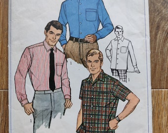 Vintage 1960s Patrón de costura para hombre Simplicidad 7745 Camisas para hombre con mangas largas o cortas, yugo y parche bolsillo tamaño cuello 15 pecho 38