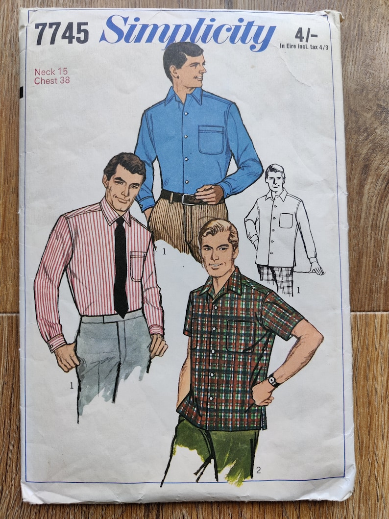 Vintage 1960s Men's Sewing Pattern Simplicity 7745 Men's Shirts with Long or Short Sleeves, Yoke and Patch Pocket Size Neck 15 Chest 38 image 1