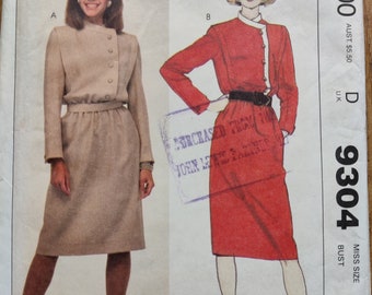 1980s Vintage Sewing Pattern McCall's 9304 Size 10 32.5" Bust Dress with Asymmetric Button Closing Factory Folded