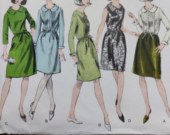 Vintage 1960s Patrón de costura Vogue 6541 Vestido de mujer con cuello ancho 3 opciones de manga y corpiño liso o con alfiler tamaño 12 Busto 32"