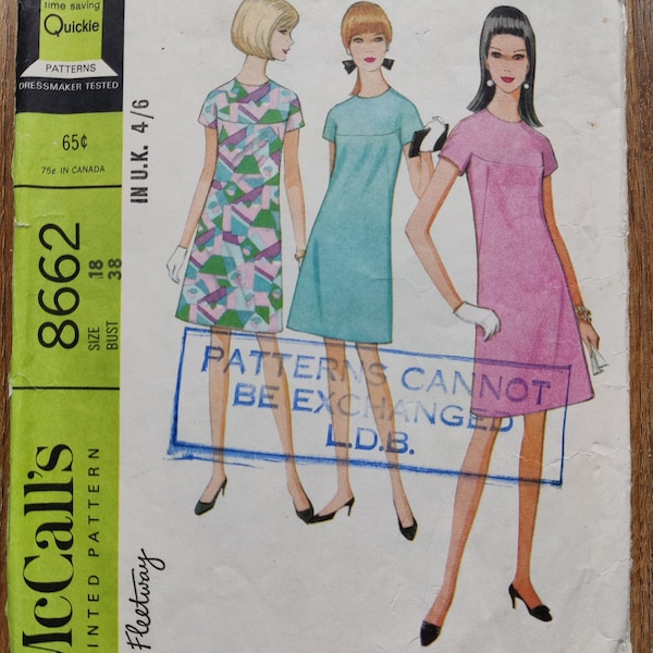 Vintage 1960s Sewing Pattern Shift Dress with Front Yoke Size 18 Bust 38" McCall's 8662