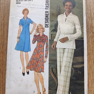 1970s Sewing Pattern Simplicity 7047 FACTORY FOLDED 1970s Dress or Top and Pants Pattern Large Collar Size 12 Bust 34 87cm image 1