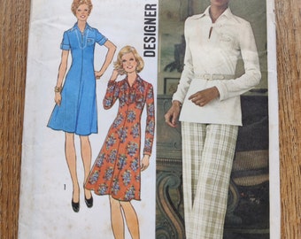 1970s Sewing Pattern Simplicity 7047 FACTORY FOLDED 1970s Dress or Top and Pants Pattern Large Collar Size 12 Bust 34" 87cm