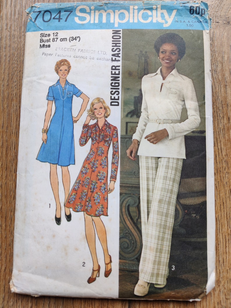 1970s Sewing Pattern Simplicity 7047 FACTORY FOLDED 1970s Dress or Top and Pants Pattern Large Collar Size 12 Bust 34 87cm image 1