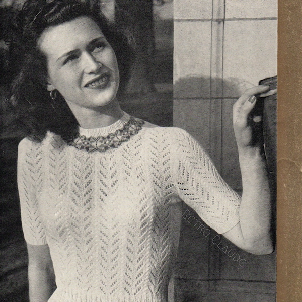 1940s Lace and Fair Isle Blouse 2-Ply Knitting Pattern PDF Download Vintage Knitting Pattern