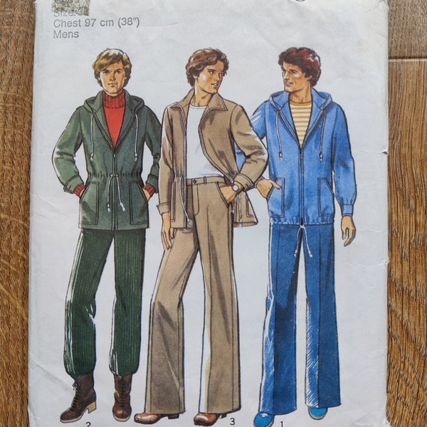 Vintage 1970s Sewing Pattern Style 2277 Men's Jacket and Trousers Hooded Jacket Flared Pants Size 38" Chest Factory Folded