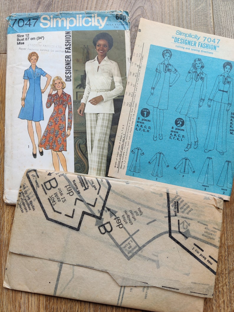 1970s Sewing Pattern Simplicity 7047 FACTORY FOLDED 1970s Dress or Top and Pants Pattern Large Collar Size 12 Bust 34 87cm image 3