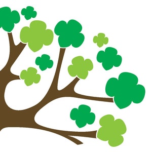May include: A stylized illustration of a brown tree branch with green leaves. The leaves are various shades of green and are shaped like clover.