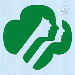May include: Green and white logo on a light blue background. The logo features three stylized faces in profile, with a green trefoil shape. The logo also includes the letters "P+" in the upper right corner.