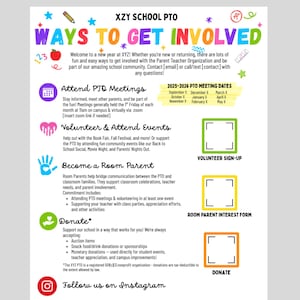 Op de afbeelding: Een kleurrijke Canva-sjabloon voor XZY School PTO, met de tekst "WAYS TO GET INVOLVED." Het somt manieren op om deel te nemen, waaronder het bijwonen van vergaderingen, vrijwilligerswerk, het worden van een klassenouder en doneren. Bevat PTO-vergaderdata en aanmeldingsformulieren.