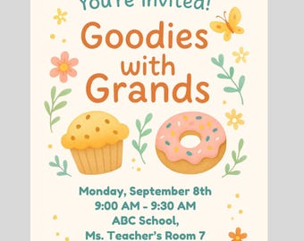 May include: A light beige invitation template with the text "TEXT EDITABLE CANVA TEMPLATE" at the top. The invitation reads "You're Invited! Goodies with Grands" with a cupcake and donut illustration. Details include the date, time, location, and a message inviting guests.
