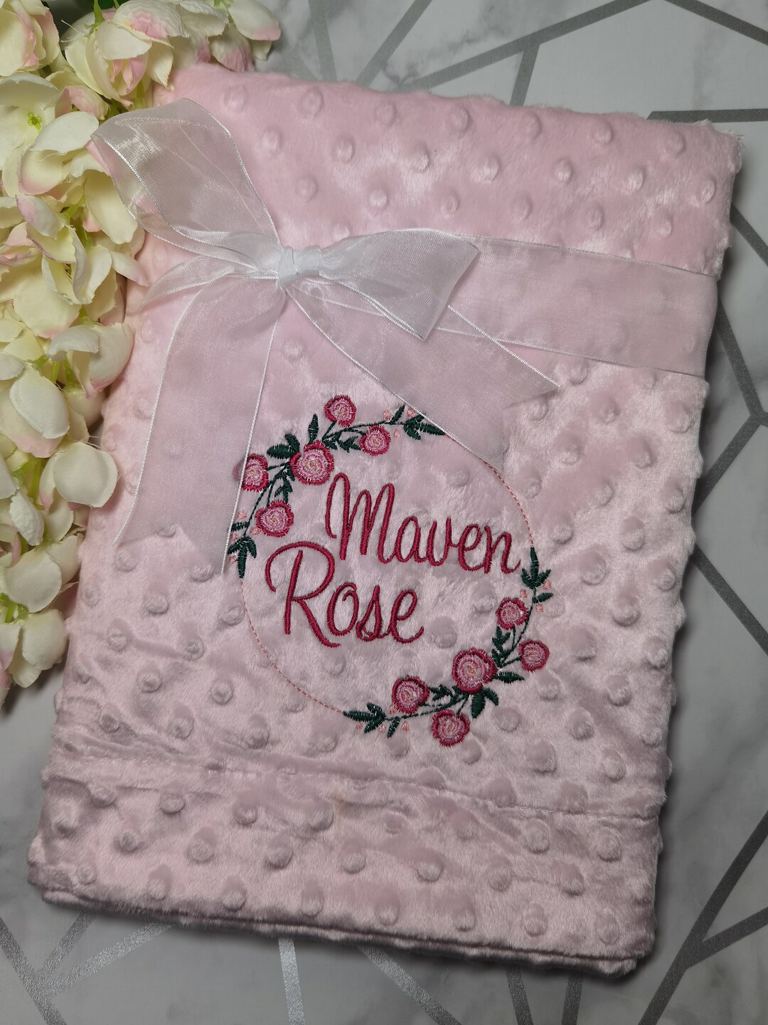 Personalised Flower Wreath Roses Baby Blanket Embroidered Etsy