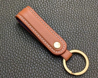 Tan Brown Full Grain Leather Keyring – Handmade Personalized Keychain Fob