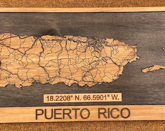 Laser Cut Wood Map of Puerto Rico - Hand Stained