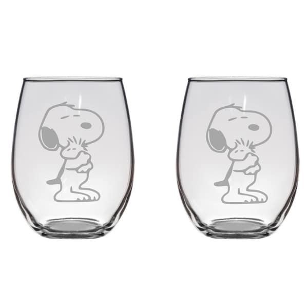 Snoopy hugging Woodstock Etched 20.5 oz Stemless Wine Glasses