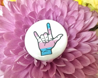 Transgender Pride Pin – "I Love You" Hand Sign, Trans Flag Colors
