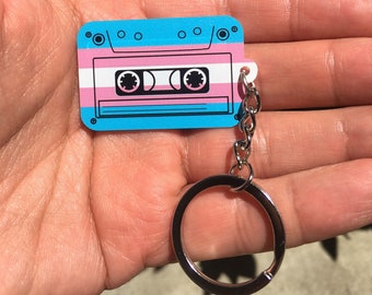 Transgender Pride Flag Keychain, Vintage Cassette Design