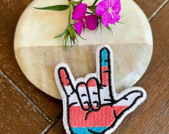 Trans Pride Flag Embroidered Patch | Love Hand Symbol, Iron On