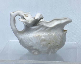 Vintage Porcelain Personal Creamer - White with Gold and Dove Accent.