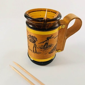 Vintage  Clear Brown Glass Wooden Handle Florida Themed Gold Banded Collectible Toothpick Holder