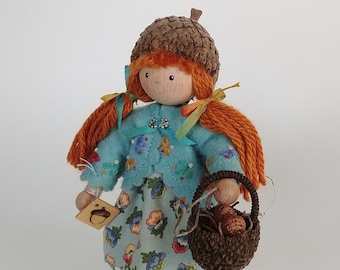 Acorn-Capped Bendy Doll with Acorn Basket filled with Handmade Acorns