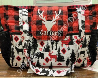 Quilted Large Buffalo Plaid diaper bag with Minky end pockets