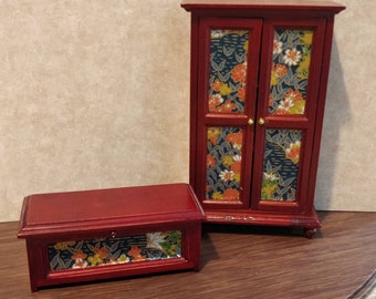 Dollhouse miniature decoupage mahogany wardrobe and blanket box oriental 12th scale