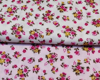 Dolls house miniature fabric pink white flower clusters cotton floral print, bedding, curtains