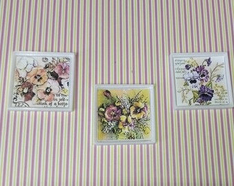 Dolls house miniature set of 3 framed pictures of pansies 12th scale