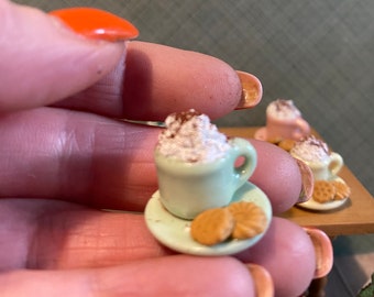 Doll's house hot chocolate with cream and biscuits 12th scale miniature