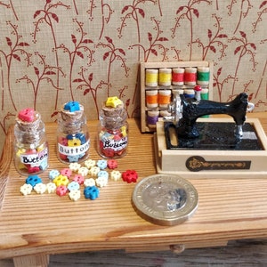 Dolls house miniature 12th scale jar of buttons, haberdashery shop craft room red, yellow & blue teeny tiny buttons