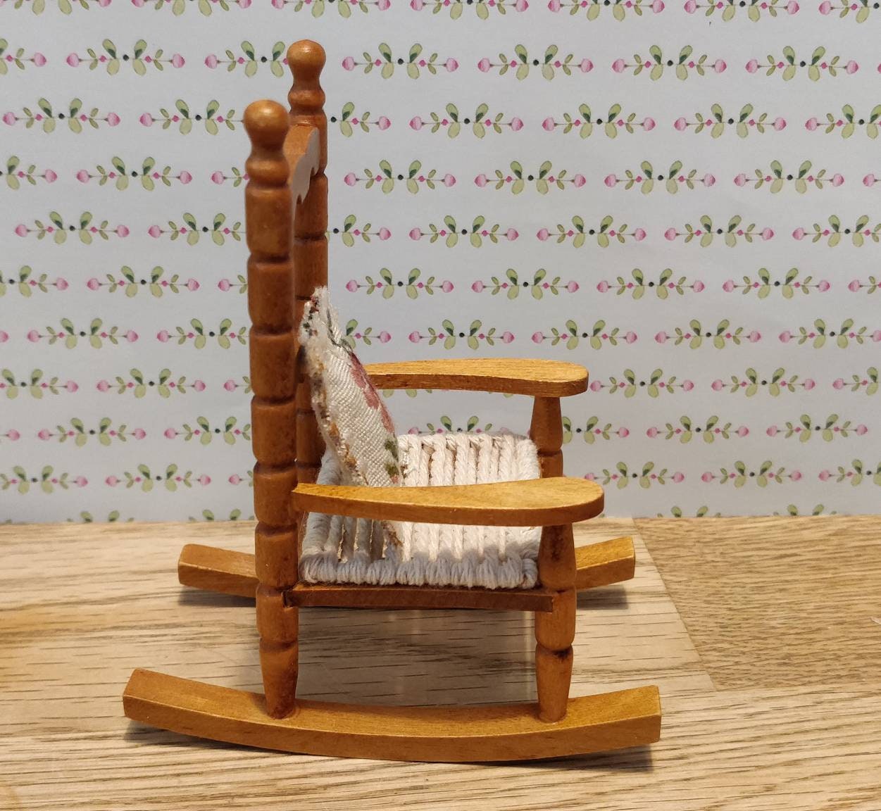 Dolls house miniature pine rocking chair vintage with tapestry Etsy