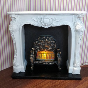 Dolls house large white Rococo light up fireplace 12th scale