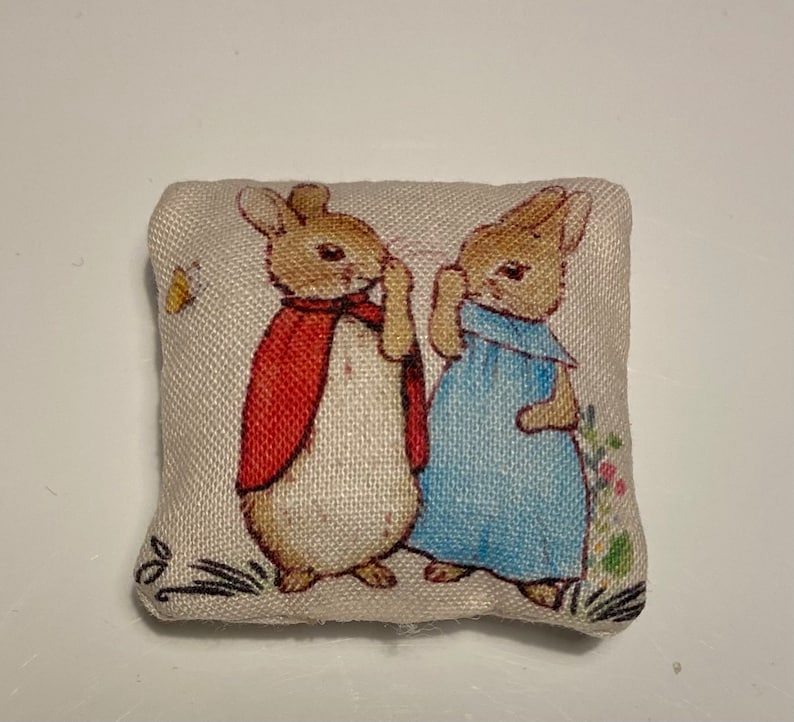 Dolls house miniature Peter rabbit cushions 12th scale bobtail