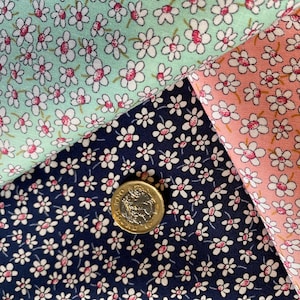 Dolls house miniature daisy flower fabric, mint green, navy nlue, peach Rose & Hubble cotton