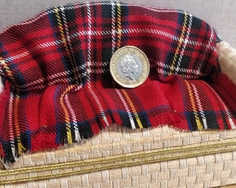 Dolls house miniature red royal Stewart plaid tartan bedspread, picnic blanket throw, cushions