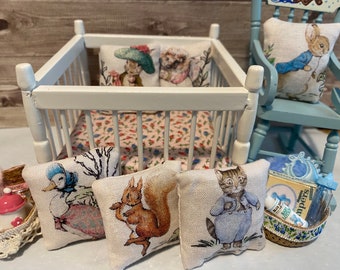 Dolls house miniature Peter rabbit cushions 12th scale