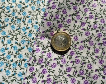 Dolls house miniature fabric cotton lilac or blue tiny tea rose with green leaves