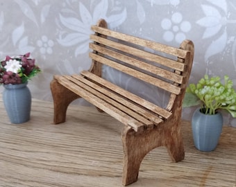 Dolls house miniature rustic garden bench, oak seat 12th scale