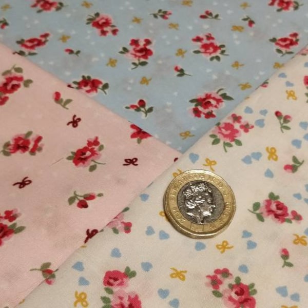 Dolls house miniature rose & Hubble fabric 100% cotton white, pink, blue pretty flowers, bedding, curtains