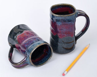 Tall Peacock and Red Pottery Mug