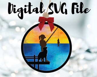 A Girl and Her Dog Fishing Ornament SVG Digital File Download