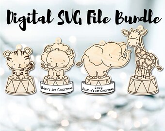 Baby's First Christmas Circus Animal, Lion, Tiger, Elephant, Giraffe Ornament Digital SVG File Download