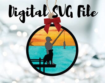 A Boy and His Dog Fishing Ornament SVG Digital File Download