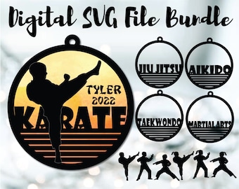 May include: A digital SVG file bundle of six different martial arts themed ornaments. The ornaments feature a silhouette of a person performing a karate kick, the words "KARATE", "TYLER", and "2022", and a sunset background. The other ornaments feature the words "Jiu-Jitsu", "Aikido", "Taekwondo", and "Martial Arts".
